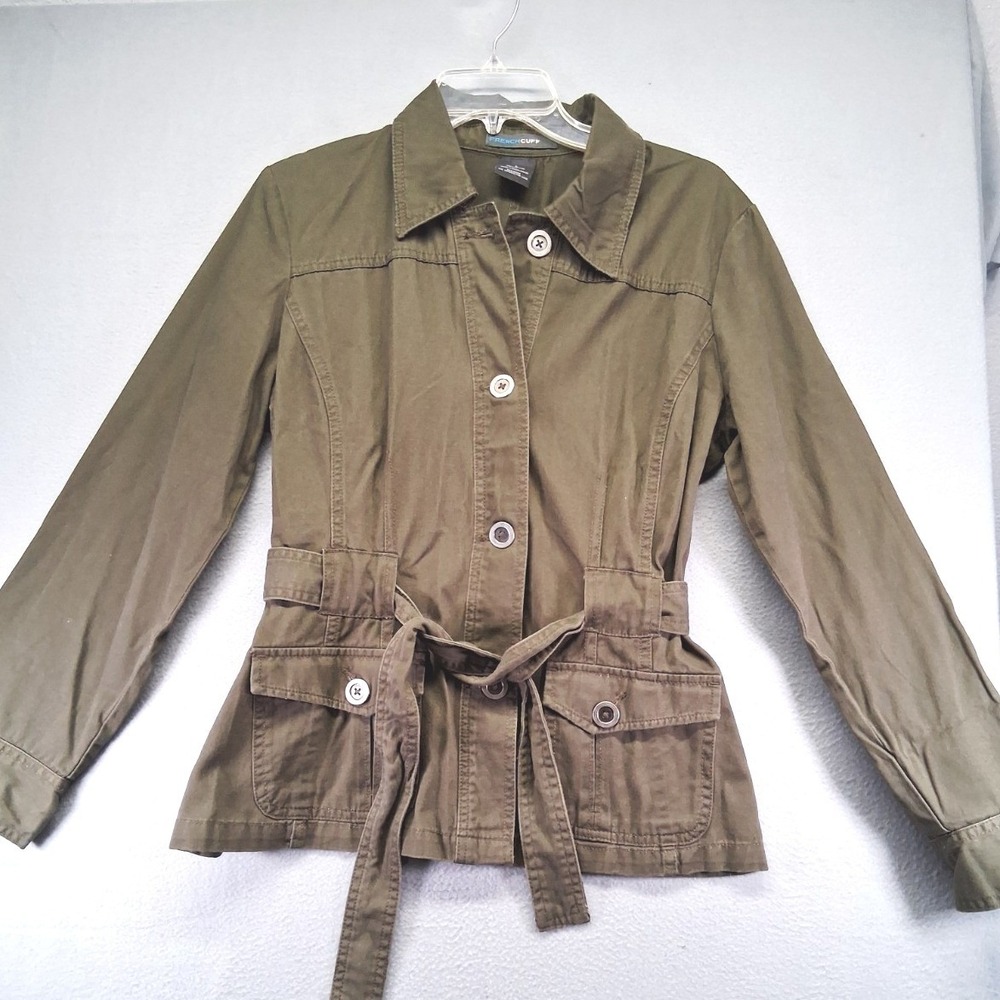 FRENCH CUFF Belted Button Up Jacket Pockets Womens Size Large Chore Coat Boho